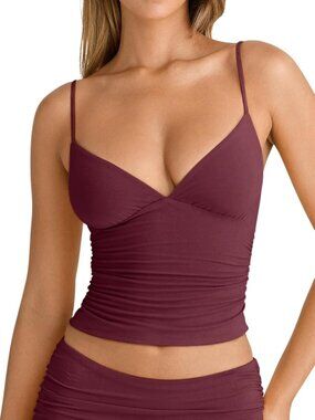 Women's Burgundy V Neck Ruched Sleeveless Spaghetti Double Layer Fitted Tank Top